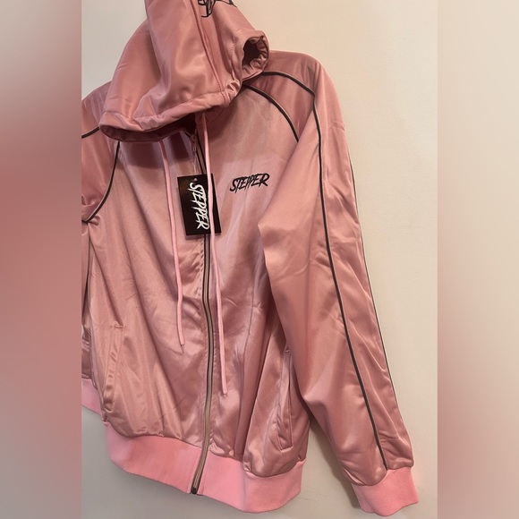 Stepper Full Zip Hooded Track Jacket Pink Brown “Foot On Neck” Size Large - Picture 6 of 10